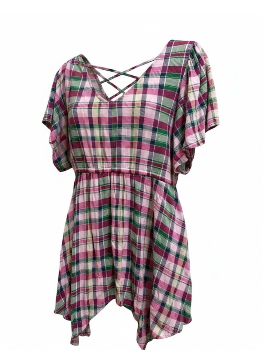 Torrid Size 2 Pink Green Plaid V-Neck Top Crisscross Back Flutter Sleeve